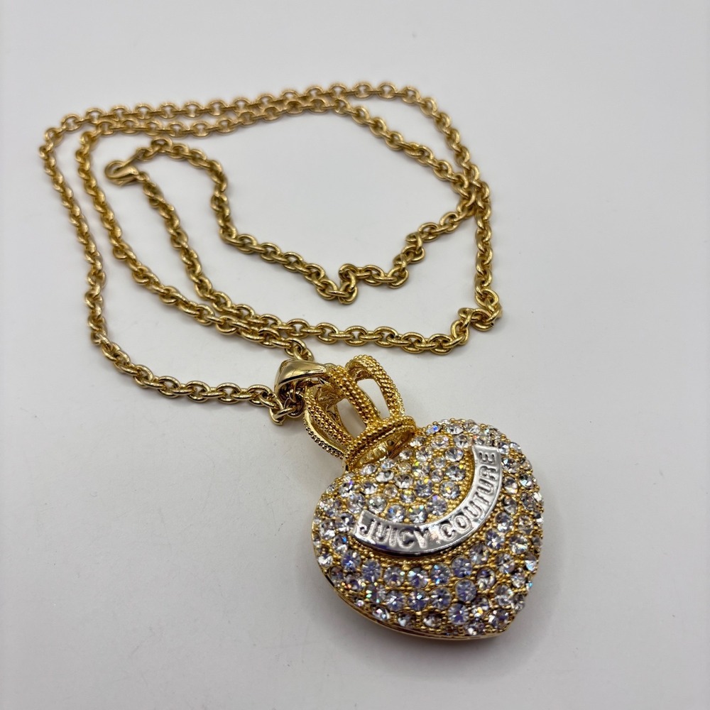 Vintage Juicy Couture Gold‎ Tone Crystal Crown Heart Necklace 30"